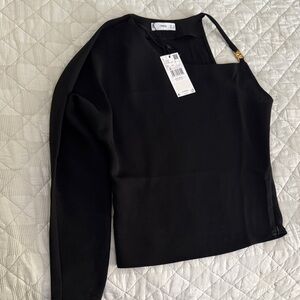 Mango Black Asymmetrical Blouse with Gold Detail